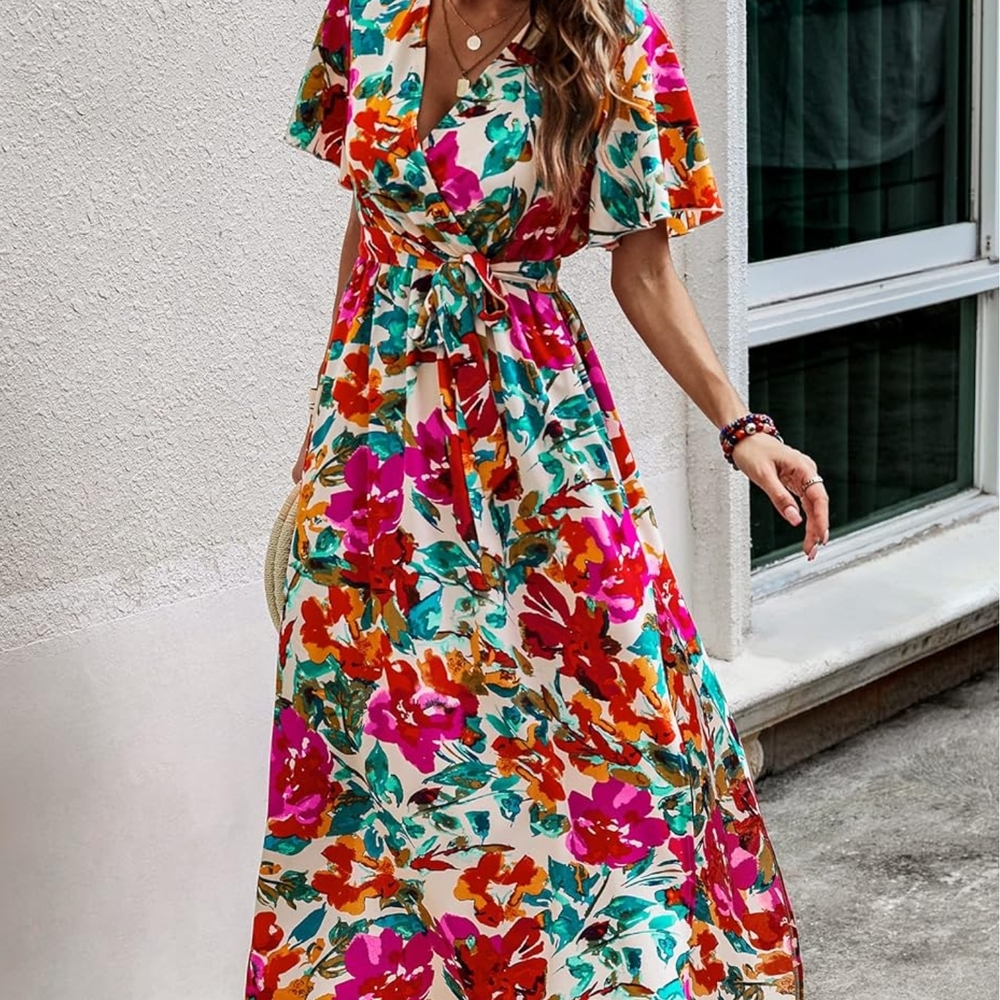 Red and Pink Flutter Sleeve Maxi Sundress